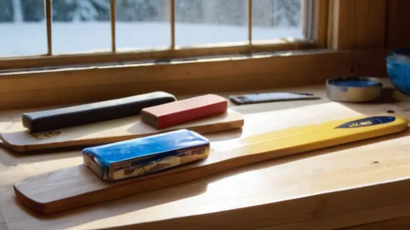 Un banco de trabajo de madera, iluminado por la luz del sol, está lleno de herramientas y cera para esquís, creando una atmósfera acogedora de preparación invernal