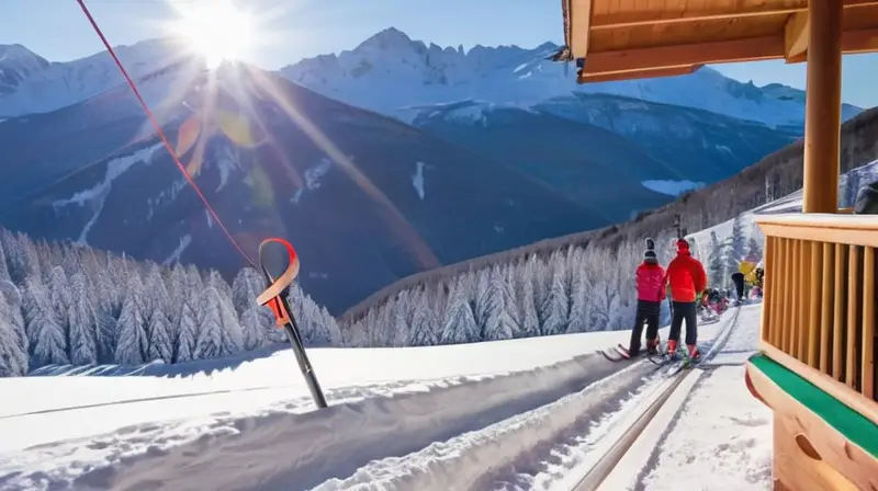 Un paisaje invernal vibrante con montañas nevadas, esquiadores coloridos, música en vivo y una atmósfera festiva