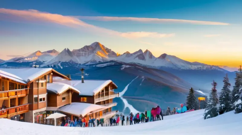 Un paisaje invernal vibrante con montañas nevadas, esquiadores coloridos y un ambiente festivo