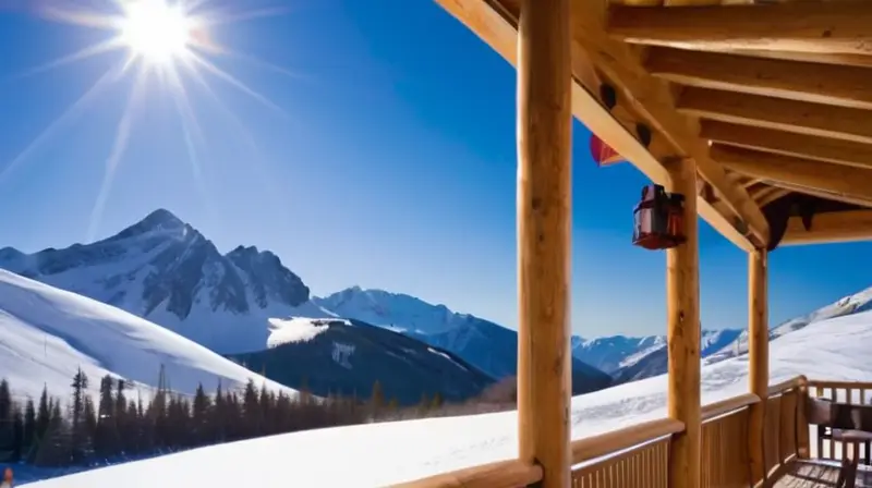 Un vibrante paisaje invernal con esquiadores en acción, montañas nevadas y un acogedor refugio de esquí