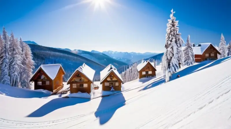 Un paisaje invernal alegre con nieve brillante, esquiadores, niños jugando y cabañas acogedoras