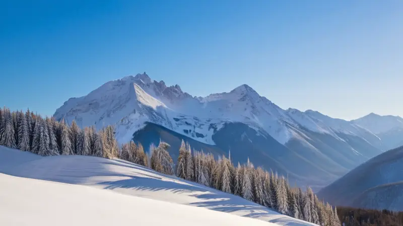 Un paisaje invernal sereno y acogedor, con montañas nevadas, cielos azules, esquiadores coloridos y cabañas de madera humeantes