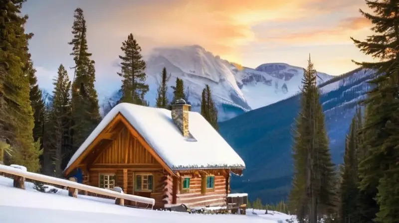 Un paisaje invernal sereno con montañas nevadas, un acogedor cabaña, personas disfrutando actividades al aire libre y un ambiente comunitario