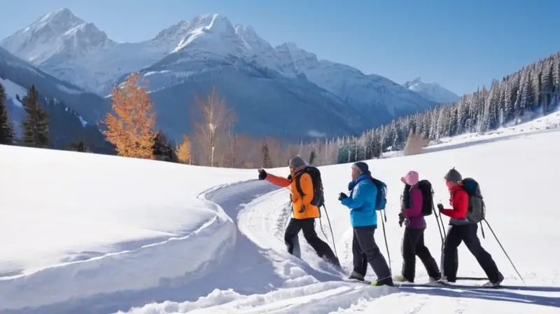 Un grupo diverso de personas en un paisaje montañoso nevado, con ropa de invierno colorida, muestra determinación y camaradería mientras conversan en un ambiente invernal