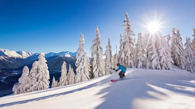 Un paisaje invernal en los Andes con esquiadores y snowboarders disfrutando de la nieve bajo un cielo azul y un cálido atardecer