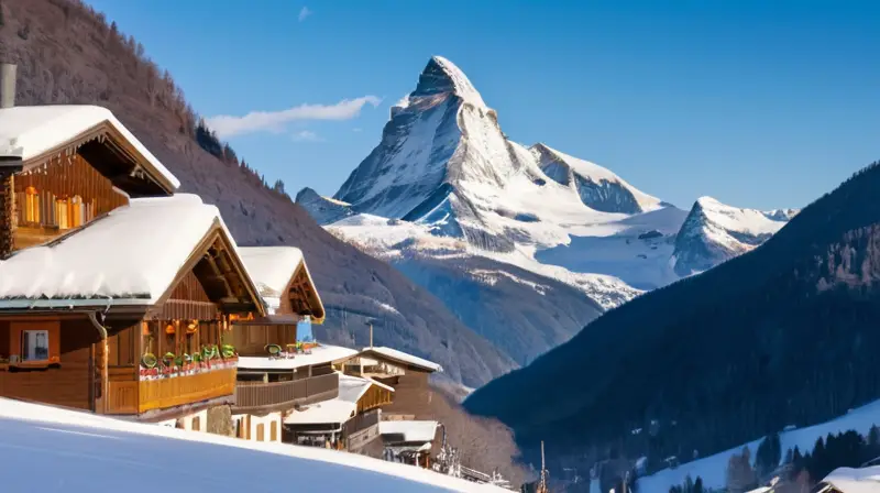 Un paisaje invernal con montañas, esquiadores y cabañas, donde la nieve brilla bajo el sol