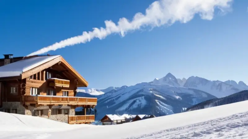 Un paisaje invernal vibrante con esquiadores en acción, montañas nevadas, cabañas acogedoras y un ambiente festivo