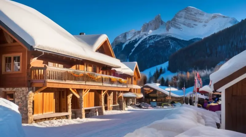 Un paisaje invernal con montañas nevadas, cielo azul, esquiadores en pistas brillantes y cabañas acogedoras