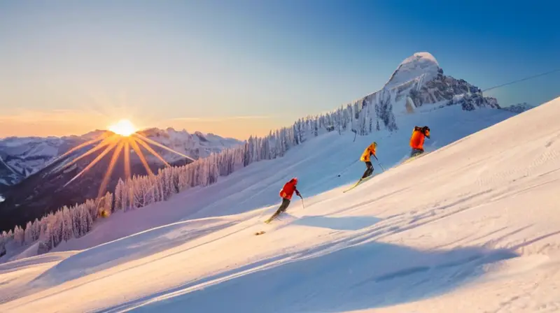 Un paisaje alpino cubierto de nieve, con esquiadores enérgicos y un cielo azul vibrante