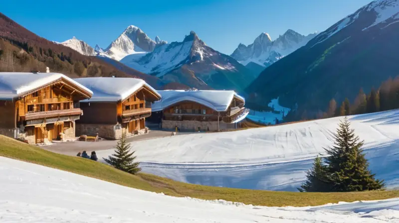 Un paisaje montañoso invernal combina picos nevados, prados verdes, cabañas rústicas y actividades al aire libre en un ambiente de aventura y tranquilidad