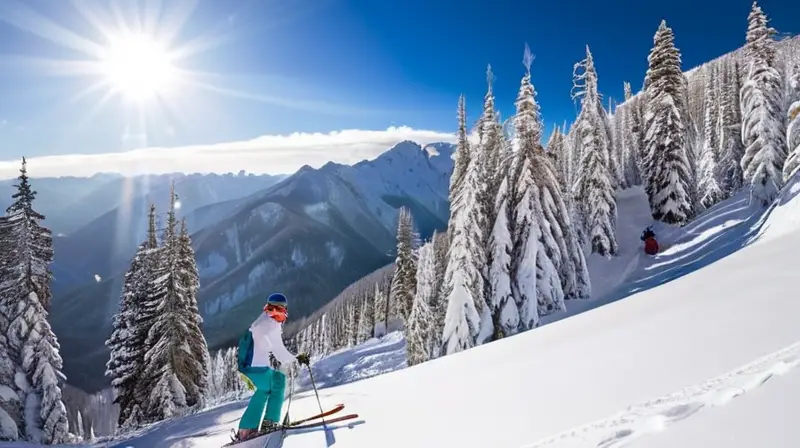 Un paisaje invernal vibrante con familias esquiando, risas, árboles cubiertos de nieve y chalets acogedores bajo un cielo azul