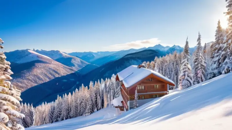 Un paisaje invernal alegre con familias esquiando, risas de niños y un acogedor chalet bajo un cielo azul