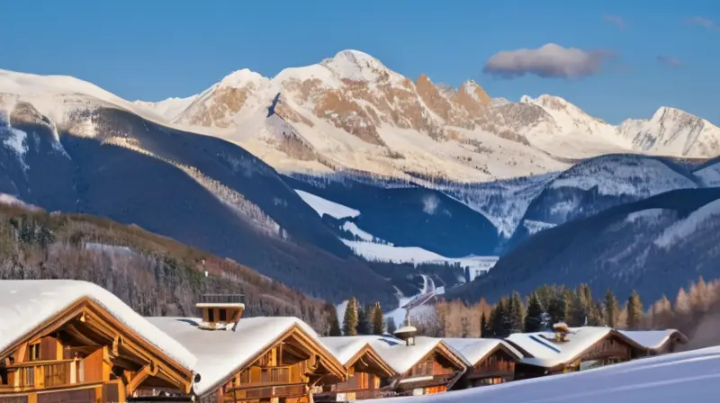 Un paisaje invernal vibrante con montañas nevadas, esquiadores coloridos y un ambiente acogedor de chalets