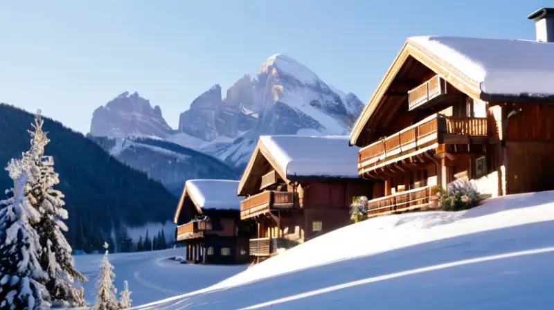 Un paisaje invernal lleno de familias esquiando, risas de niños, chalets acogedores y un cielo azul claro