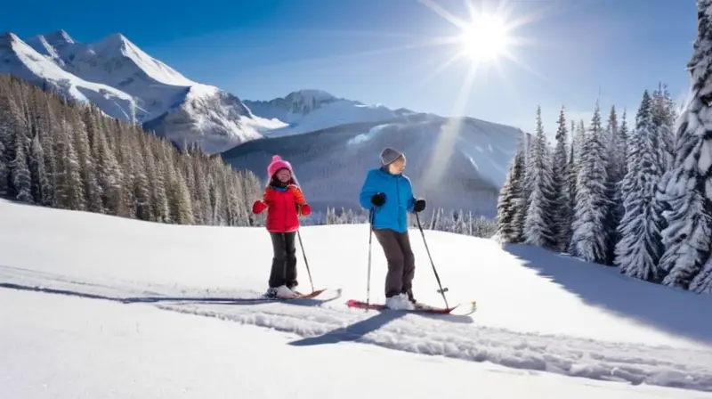 Un día de invierno lleno de alegría y aventura en la nieve, con familias esquiando, niños riendo y momentos compartidos en un acogedor ambiente