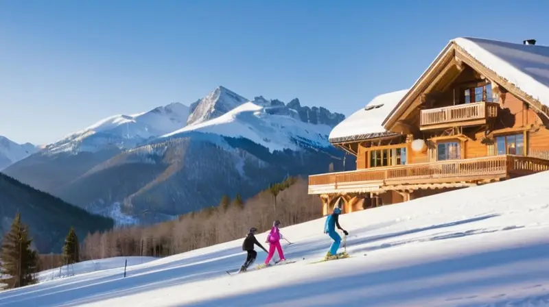 Un paisaje invernal idílico con familias esquiando, un chalet acogedor y un ambiente de calidez y diversión