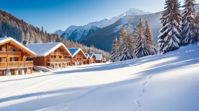 Un paisaje invernal sereno con familias esquiando, árboles cubiertos de nieve y cabañas acogedoras bajo un cielo azul