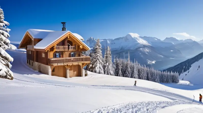 Un paisaje invernal vibrante con familias esquiando en laderas nevadas bajo un cielo azul