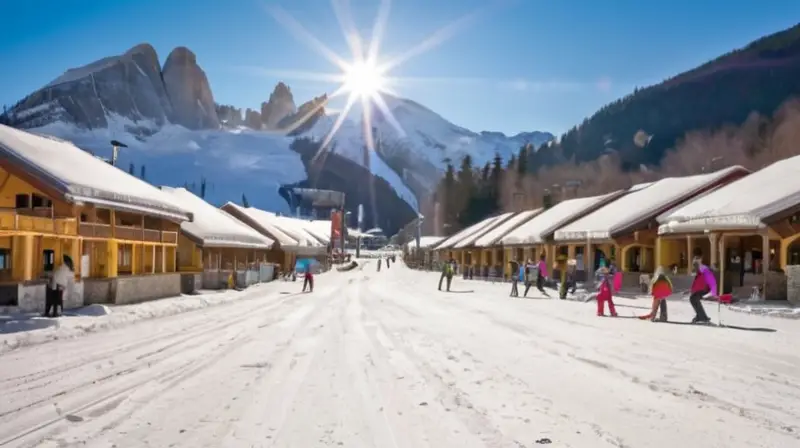 Un vibrante paisaje invernal con montañas nevadas, una estación de esquí activa y familias disfrutando del aire fresco