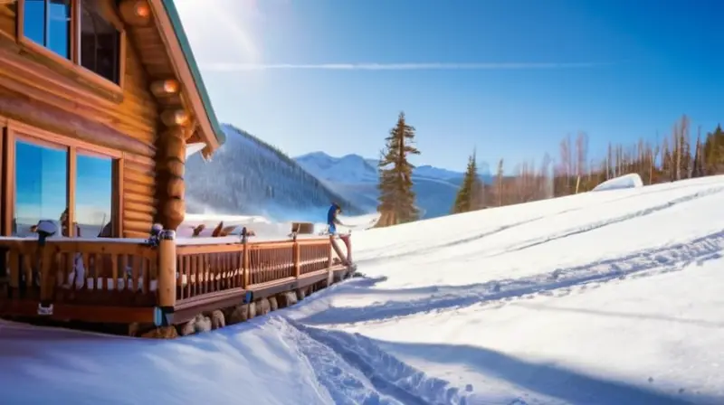 Un paisaje invernal con montañas nevadas, un acogedor refugio de madera y esquiadores disfrutando de la nieve