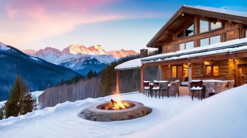 Un lujoso chalet de madera en un paisaje alpino cubierto de nieve, donde esquiadores disfrutan y se vive un ambiente cálido y acogedor