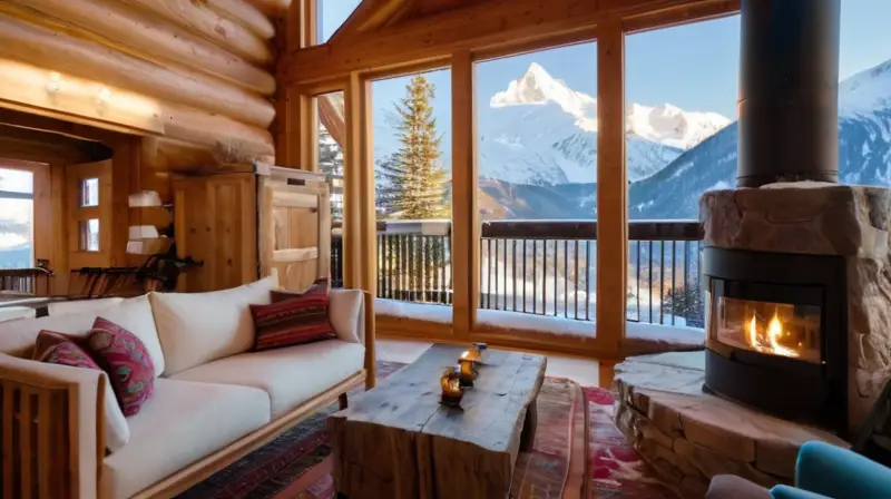 Un chalet de madera en un paisaje alpino cubierto de nieve, con esquiadores disfrutando y un ambiente acogedor