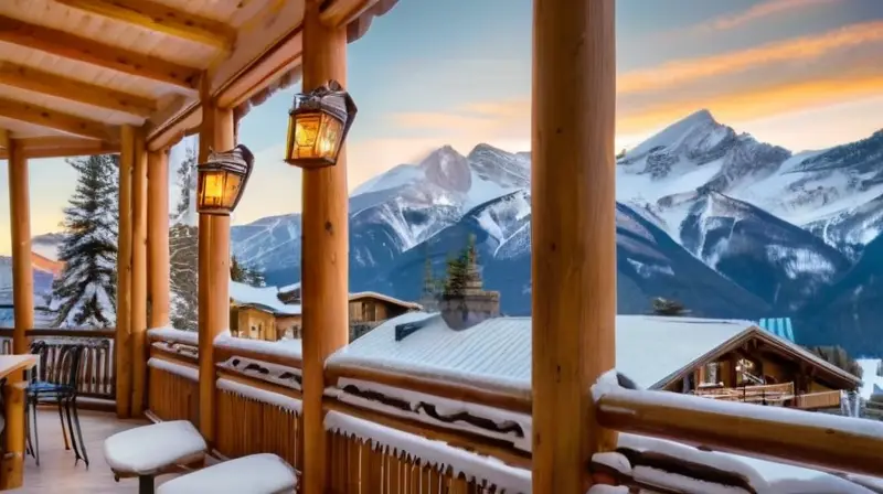 Un paisaje invernal idílico con montañas nevadas, cielos azules, esquiadores y acogedoras cabañas