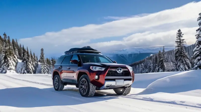 Un SUV robusto está estacionado en un camino montañoso cubierto de nieve, rodeado de un paisaje invernal que invita a la aventura