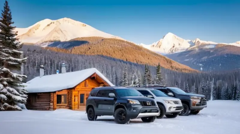 Un paisaje nevado con árboles cubiertos de nieve, SUVs estacionados, una cabaña acogedora y montañas distantes, todo bajo un cielo azul y con un ambiente sereno