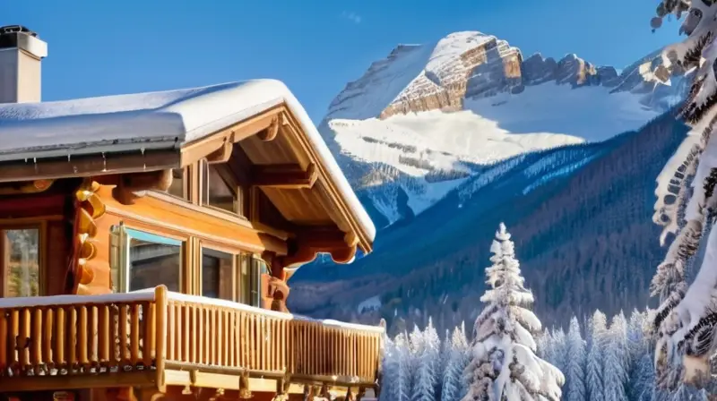 Un paisaje montañoso nevado con esquiadores, un acogedor chalet y un ambiente vibrante de deportes de invierno