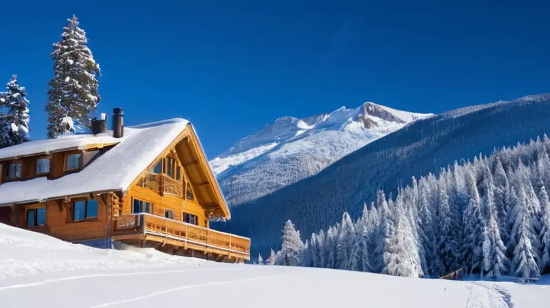 Un paisaje montañoso nevado con un cielo azul, un acogedor chalet, esquiadores coloridos y un ambiente de aventura invernal