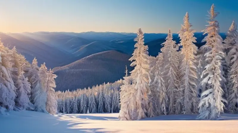 Un paisaje invernal idílico con colinas cubiertas de nieve, pinos, esquiadores y una cabaña acogedora bajo un cielo azul