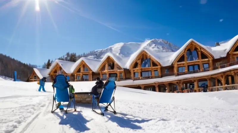 Un paisaje invernal vibrante con montañas nevadas, esquiadores en acción y un ambiente acogedor