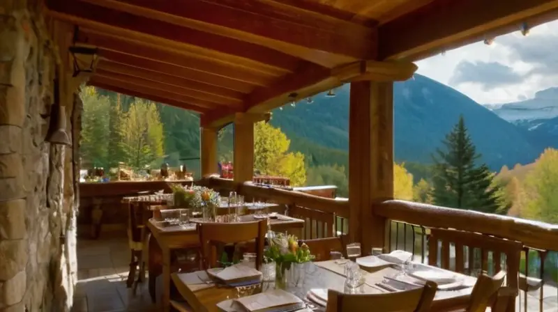 Restaurante de montaña acogedor con fachada rústica, patio soleado, comida local y ambiente animado