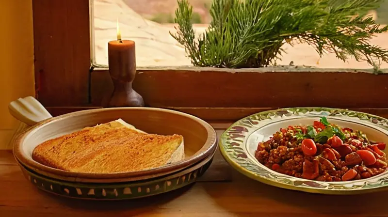 Mesa rústica con platos aragoneses coloridos y aromas que evocan la herencia culinaria de la región