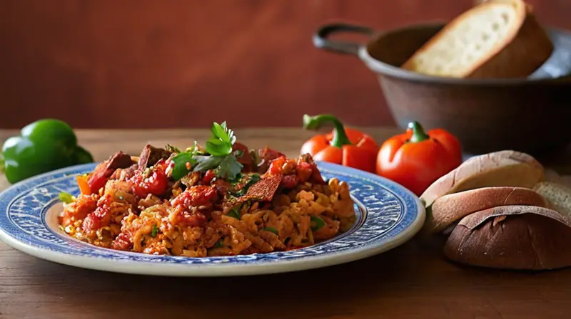 Una mesa rústica con platos tradicionales aragoneses, luz cálida, vino tinto y un ambiente acogedor