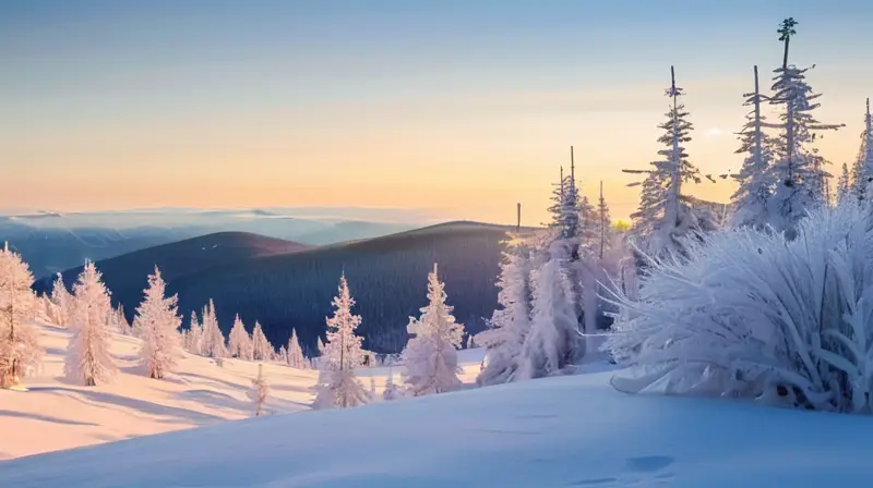 Un paisaje invernal sereno y tranquilo, lleno de copos de nieve únicos y brillantes que reflejan la luz