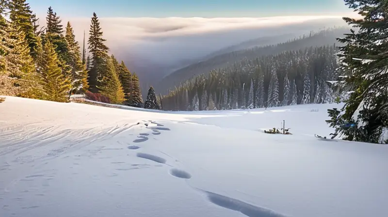 Un paisaje invernal sereno con nieve blanca, árboles perennes, un estanque helado y montañas distantes envuelto en una atmósfera tranquila