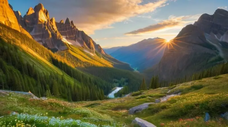 Una majestuosa cordillera con picos escarpados, valles profundos, vegetación verde y un río brillante refleja la belleza del paisaje