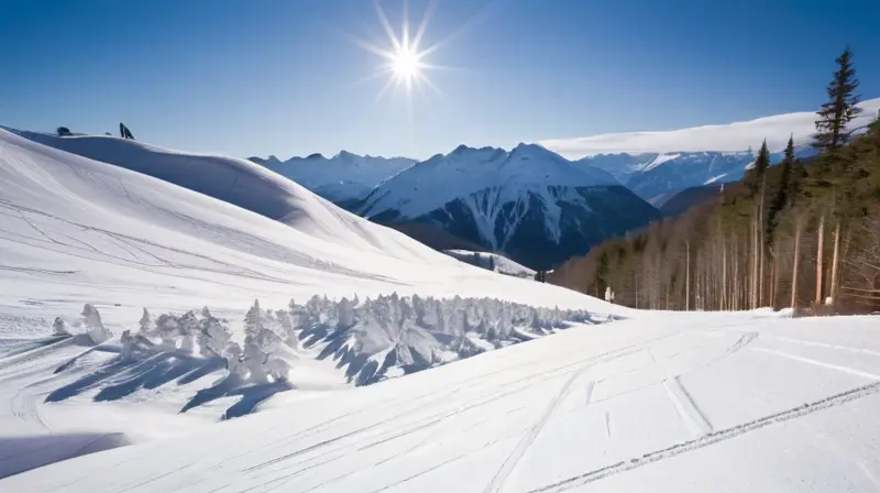 Una escena invernal vibrante con montañas nevadas, esquiadores enérgicos y un acogedor chalet entre árboles cubiertos de nieve