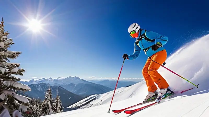 Esquidores en colorido equipo descienden por laderas alpinas cubiertas de nieve bajo un cielo azul