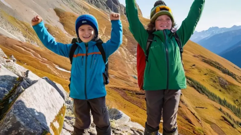 Dos niños, de seis y ocho años, celebran victoriosos en la cima de una montaña bajo un cielo azul