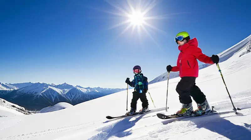 Dos niños, de seis y ocho años, están listos para esquiar en una pendiente nevada, mostrando emoción y determinación bajo un cielo azul