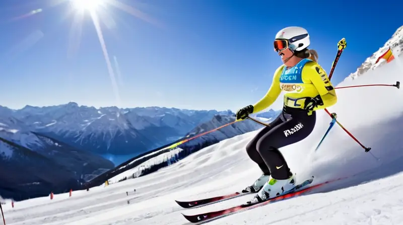 Cornelia Hütter esquiando en una montaña nevada bajo un cielo azul, con luz brillante y un ambiente lleno de emoción y acción