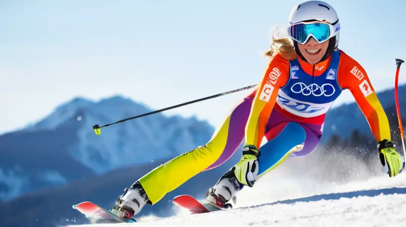 Cornelia Hütter esquiando en un paisaje alpino nevado bajo un cielo azul, rodeada de espectadores emocionados y con un ambiente de competencia