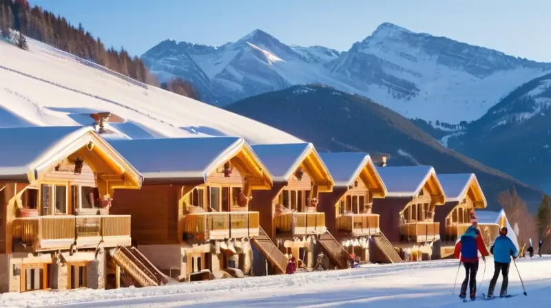 Un paisaje invernal vibrante con esquiadores enérgicos, nieve brillante, montañas distantes y familias disfrutando de la diversión en las pistas