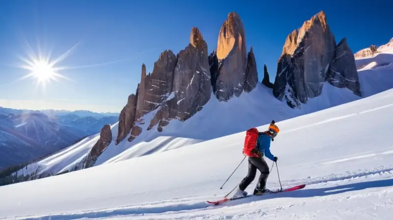 Un paisaje montañoso cubierto de nieve con esquiadores vibrantes en acción y un cielo azul brillante