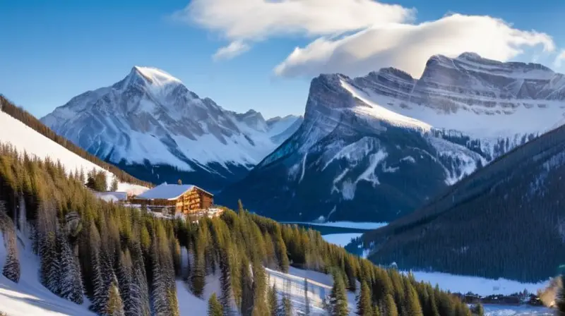 Un paisaje alpino sereno con picos nevados, árboles verdes, esquiadores, cabañas rústicas y un lago reflejante bajo un cielo azul