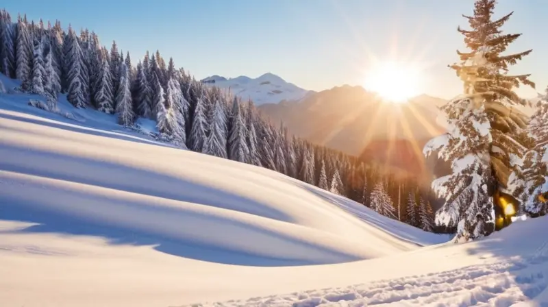 Un paisaje invernal vibrante con esquiadores en pendientes nevadas, árboles cubiertos de nieve, montañas majestuosas y cabañas acogedoras