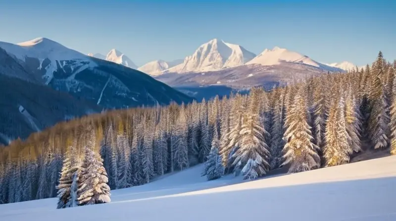 Montañas nevadas con esquiadores en acción bajo un cielo azul y chalets humeantes